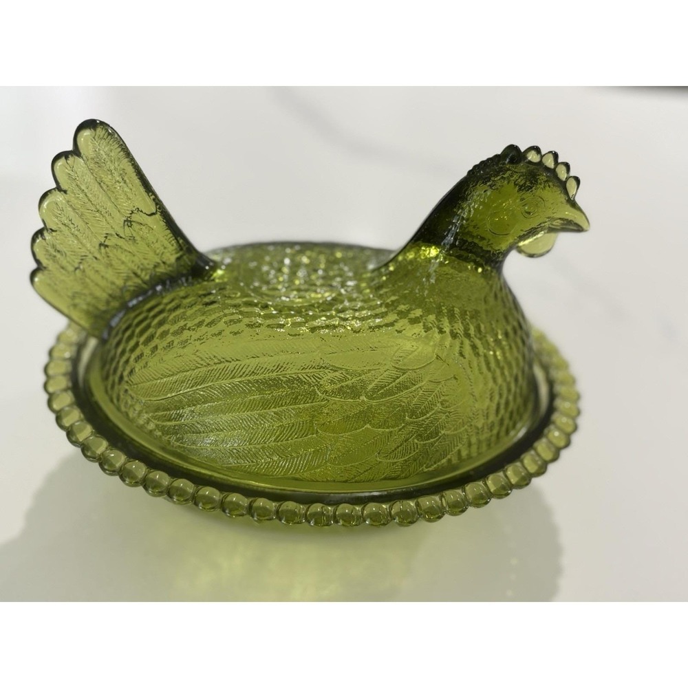 Vintage Indiana Glass Olive Green Hen on Nest No Chips - Picture 2 of 9